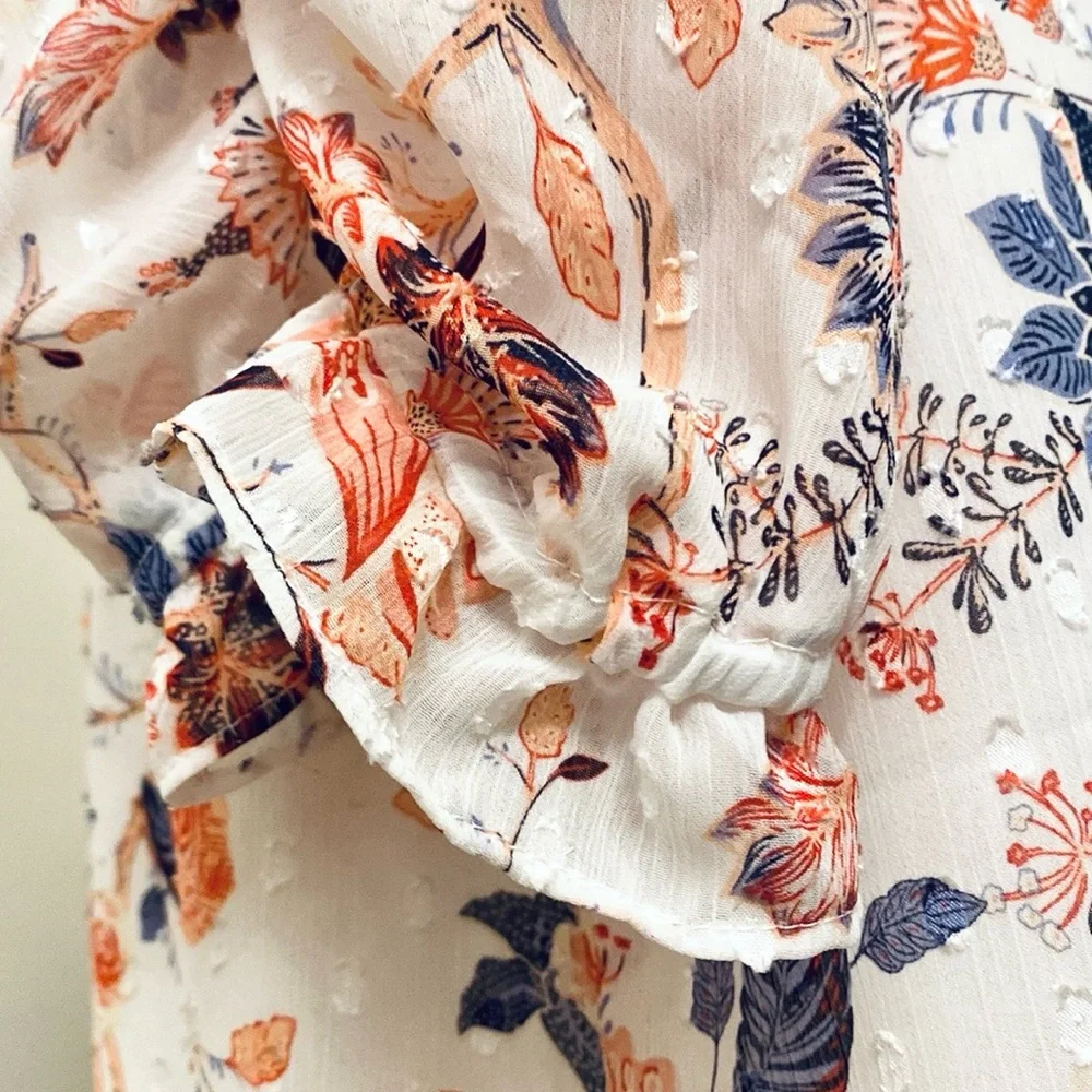 Rachel Zoe White Orange Purple Floral XL Boho Chic Bloomcore Romantic Ruffle Top - Picture 7 of 14